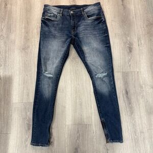 Young LA Jeans Men 34x30 Blue Skinny Ankle Zip Distressed Stretch Denim